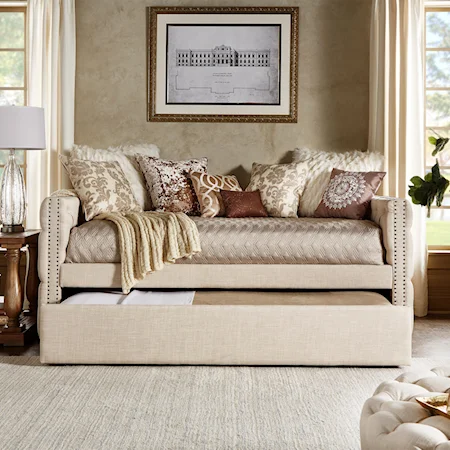 Traditional Beige Linen Upholstered Daybed with Trundle